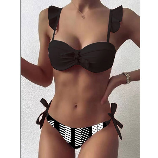 Striped Lace Ruffle Push Up Swimsuit Swimwear Bra Cup