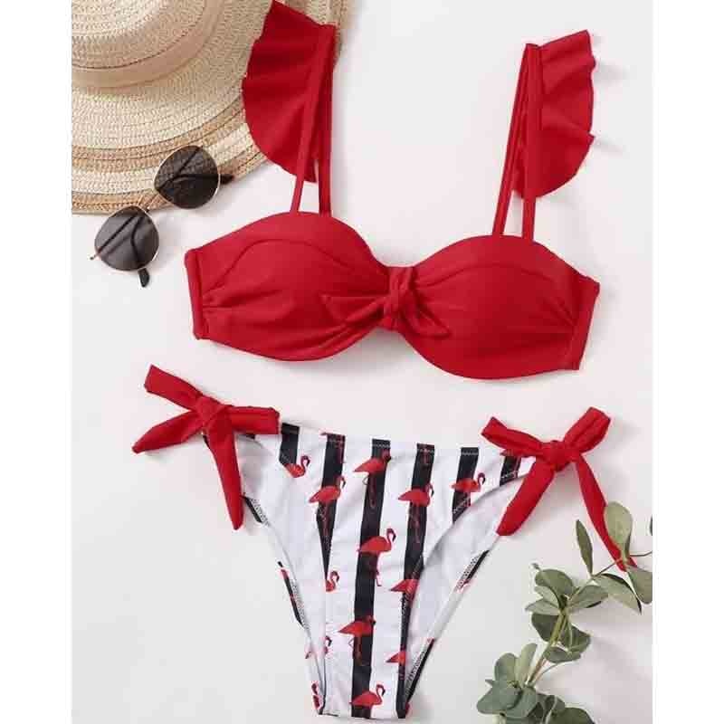 Striped Lace Ruffle Push Up Swimsuit Swimwear Bra Cup