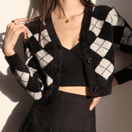 Autumn Black Argyle Cardigan