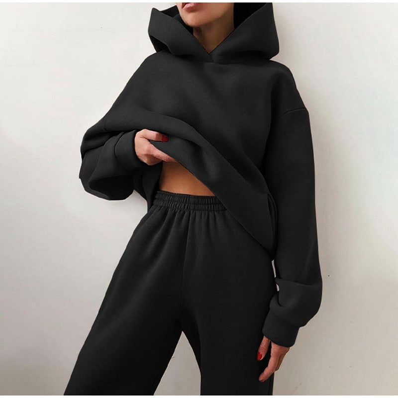 Casual Solid Long Sleeve Hoodie and Long Pant Two Piece Sets