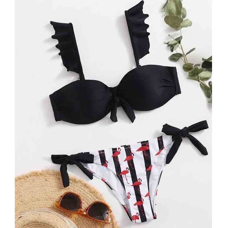 Striped Lace Ruffle Push Up Swimsuit Swimwear Bra Cup