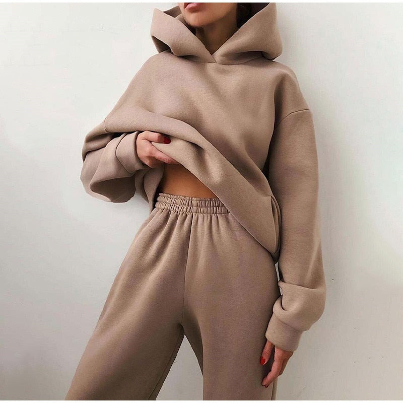 Casual Solid Long Sleeve Hoodie and Long Pant Two Piece Sets