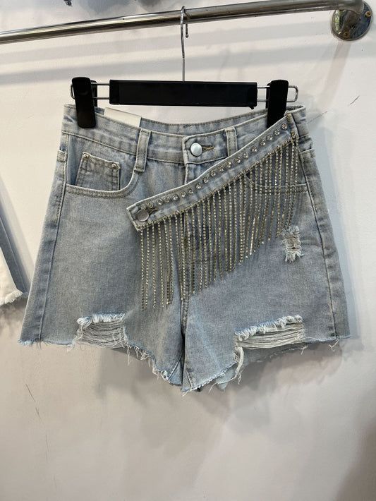 Denim Loose and Thin Hole Rhinestone Shorts