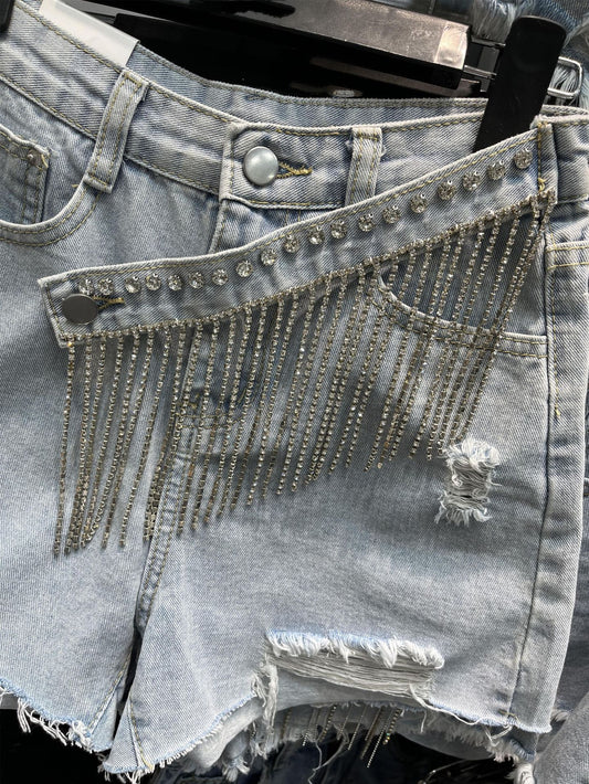 Denim Loose and Thin Hole Rhinestone Shorts