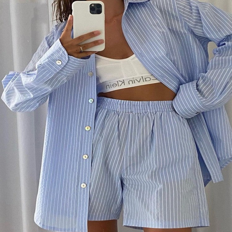 Solid Color Long Sleeve Top And High Waist Shorts Set