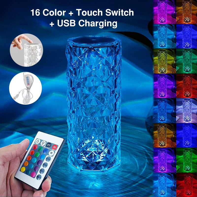 LED Crystal Table Lamp Rose Light Projector 3/16 Colors