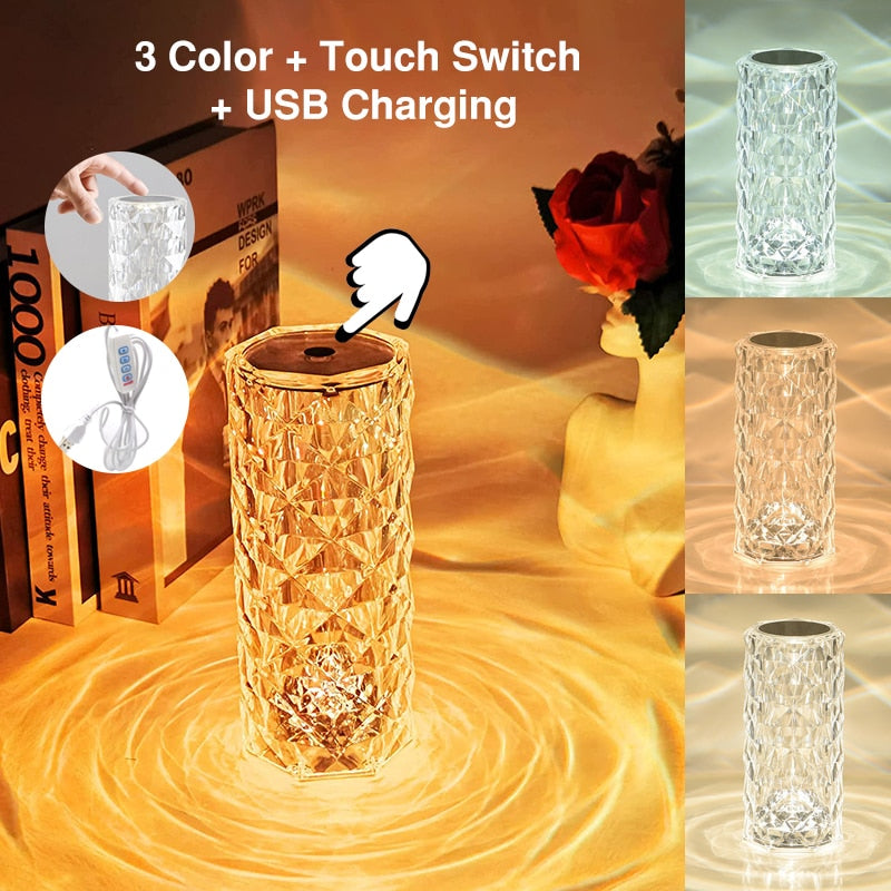 LED Crystal Table Lamp Rose Light Projector 3/16 Colors